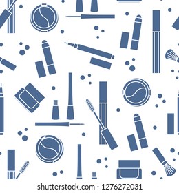 Seamless pattern of decorative cosmetics. Makeup. Eyeliner, eyeshadow, brush, cream, mascara. Glamour fashion vogue style.