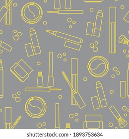 Seamless pattern of decorative cosmetics. Makeup. Eyeliner, eyeshadow, brush, cream, mascara. Glamour fashion vogue style. Illuminating and Ultimate Gray.