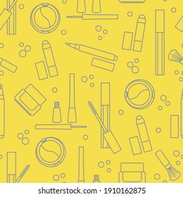 Seamless pattern of decorative cosmetics. Makeup. Eyeliner, eyeshadow, brush, cream, mascara. Glamour fashion vogue style. Illuminating and Ultimate Gray.