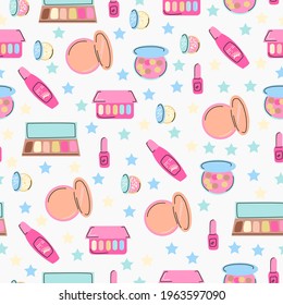 Seamless pattern with decorative cosmetics on a white background. Pink and blue packaging in doodle style.