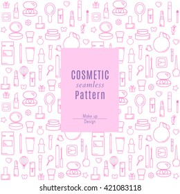 Seamless Pattern With Decorative Cosmetics in Thin Line Style. Collection of Make Up Products and Cosmetics Icons. Vector template for your design.