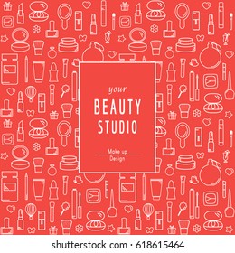 Seamless Pattern With Decorative Cosmetics in Thin Line Style. Collection of Make Up Products and Cosmetics Icons. Vector template for your design.