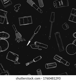 Seamless pattern with decorative cosmetics. White outline on a black background. Vector illustration in sketch style. Hand-drawn.