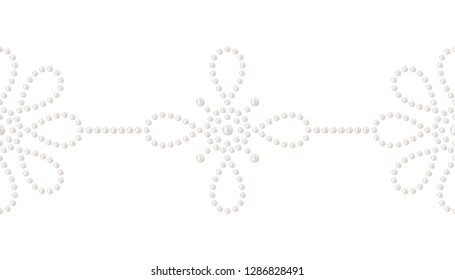 Seamless pattern of decorative cross and  flowers. Embellishment of realistic white pearl. Precious bracelet jewelry print. Can be used for wedding decor, textile or gift paper.  Vector Illustration. 