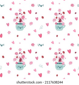 Patrón sin brillo con taza decorativa, flores y corazones sobre un fondo blanco al estilo de doodle. Ilustración vectorial.