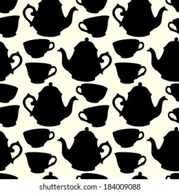 Seamless pattern with decorative cups and teapots. Vector illustration