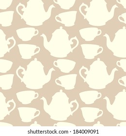 Seamless pattern with decorative cups and teapots. Vector illustration