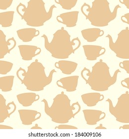 Seamless pattern with decorative cups and teapots. Vector illustration