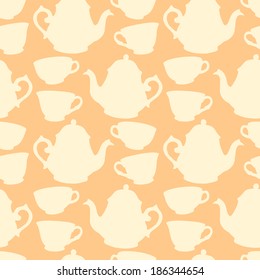 Seamless pattern with decorative cups and teapots. Vector illustration 