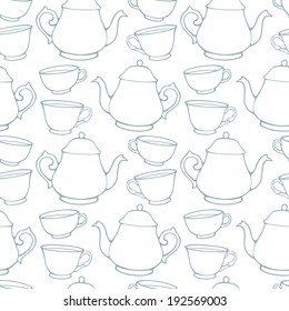 Seamless pattern with decorative cups and teapots. Vector illustration