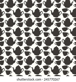 Seamless pattern with decorative cups and teapots. Vector illustration