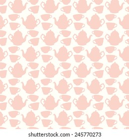 Seamless pattern with decorative cups and teapots. Vector illustration