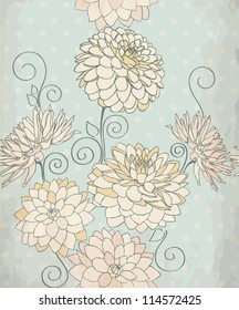 Seamless pattern with decorative dahlia flowers on aged background. Vintage vector illustration