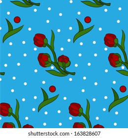 Seamless pattern with decorative dahlia flowers on spotted blue background. Vector illustration