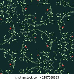 Seamless pattern of decorative delicate twigs with leaves and red flowers