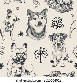 Seamless Pattern With A Lot Of Decorative Dog Breeds, Hand Drawn Vector Illustration