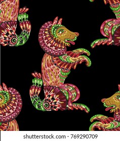 Seamless pattern with decorative dogs  on a black background. 