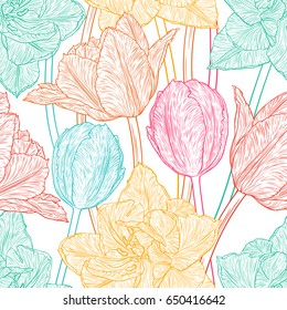 Seamless pattern with decorative doodle tulips hand drawn in lines. Vector illustration