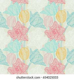 Seamless pattern with decorative doodle tulips hand drawn in lines. Vector illustration