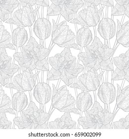 Seamless pattern with decorative doodle tulips hand drawn in lines. Vector illustration