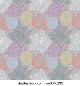 Seamless pattern with decorative doodle tulips hand drawn in lines. Vector illustration