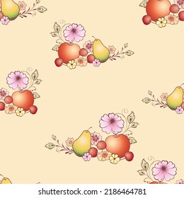 Seamless pattern of decorative drawn fruits and flowers