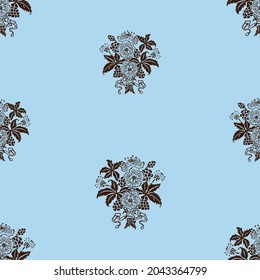Seamless pattern of decorative drawn vintage bouquet from flowers,leaves, berries and ribbon