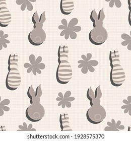 Seamless pattern. Decorative Easter bunnies. Pastel light beige background with linen texture. Vector illustrations for packaging designs, backgrounds, wallpapers, fabric prints, etc.