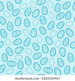 Seamless pattern with decorative Easter eggs of different sizes on blue. Happy Easter day.