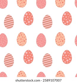 Seamless Pattern of Decorative Easter Eggs with Various Designs on White Background. Decorative seamless pattern featuring Easter eggs with vibrant patterns such as polka dots, stripes, and stars