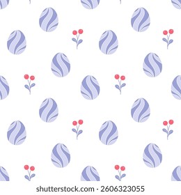 Seamless pattern with decorative Easter eggs and berries on a white background. Easter celebration. Design for wallpaper, textile, greeting card, invitation, postcard