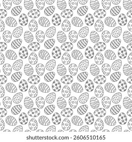 Seamless pattern with decorative Easter eggs featuring doodle designs like stars, flowers, dots, and waves. Black and white outline for coloring page and prints.