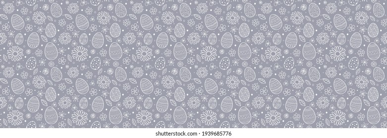 Seamless pattern with decorative eggs and flowers. Easter background. Vector