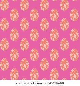 Seamless Pattern with Decorative Eggs on Vibrant Pink Background. A vibrant repeated pattern featuring abstractly designed eggs with orange patterns on a pink background, suitable for festive 