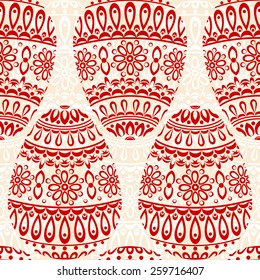 Seamless pattern with decorative eggs. Ornamental red and white background. Vector colorful illustration.