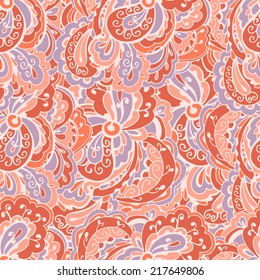 Seamless pattern with decorative elements. Seamless abstract pattern with red, orange, pink and lilac stylized floral elements.