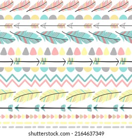 Seamless pattern of decorative elements in boho style. Hand-drawn cartoon illustration with the image of feathers, arrows, zigzags, triangles for use as print, background, wrapping paper