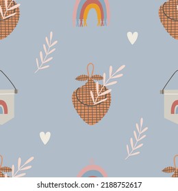 Seamless Pattern With Decorative Elements In Boho Style. Hanging Basket For Decoration. Vector Illustration