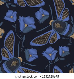 Seamless pattern with decorative elements. Butterfly - hawk moth and flower. Imitation of embroidery, glass beads, gold