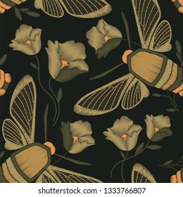 Seamless pattern with decorative elements. Butterfly - hawk moth and flower. Imitation of embroidery, glass beads, gold