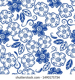 Seamless pattern with with decorative elements. Flowers and leaves. Hand drawn illustration. Pattern of two colors.  White and blue.