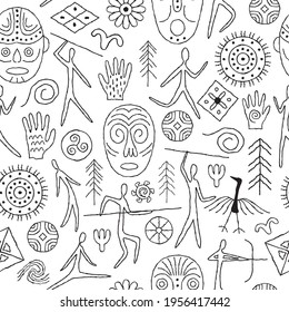 Seamless pattern with decorative elements and man from rock art. Prehistoric drawings. Outline.