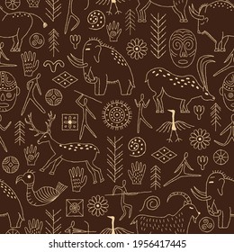 Seamless pattern with decorative elements and man from rock art. Prehistoric drawings. Outline.