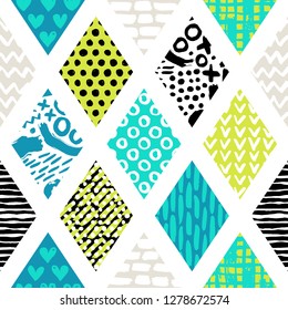 Seamless pattern with decorative elements, patchwork tiles. Can be used on packaging paper, fabric, background for different images, etc.
