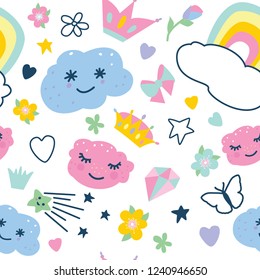 seamless pattern with decorative elements rainbow, clouds, butterfly,stars,crown,diamond, hearts, bow,flowers