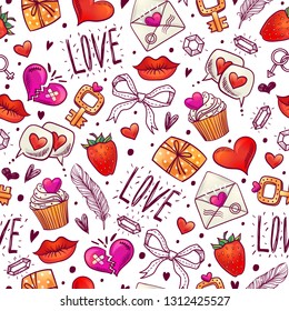 Seamless pattern with decorative elements for Valentine's Day. Freehand drawing