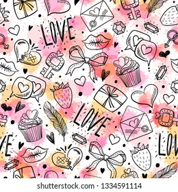 Seamless pattern with decorative elements for Valentine's Day. Freehand drawing