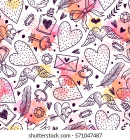 Seamless pattern with decorative elements for Valentine's Day. Freehand drawing