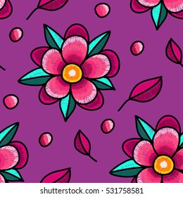 Seamless pattern - decorative  embroidery with bright flowers on a purple background.  Hand-drawn illustration. Vector.