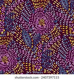 Seamless pattern - decorative  embroidery with  flowers.  Hand-drawn illustration.  Vector
